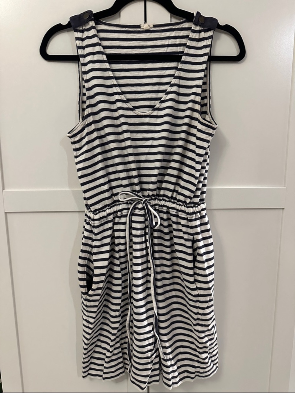 J. Crew Navy and White Striped Sleeveless Midi Drawstring Dress with pockets XS